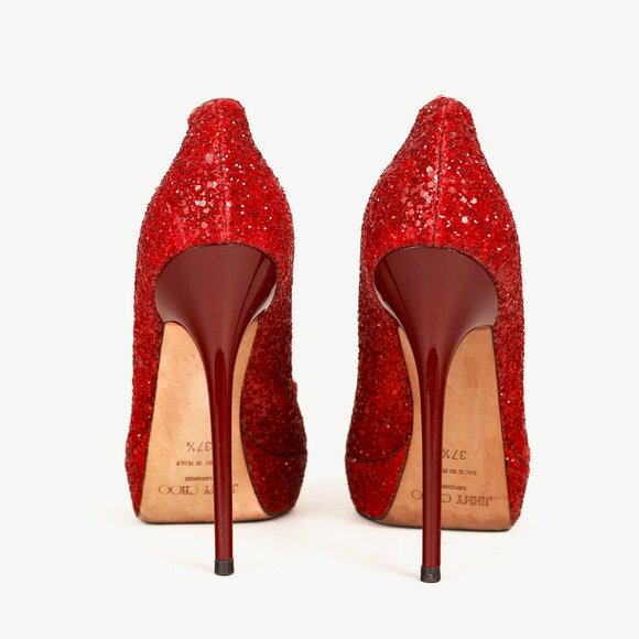 Jimmy Choo Crown Red Coarse Glitter Platform Pumps - Picture 3 of 9